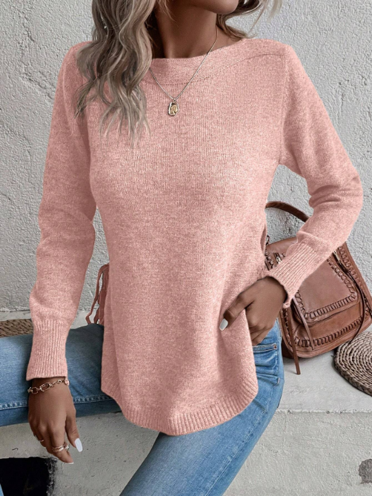 Clasi Solid Knot Side Curved Hem Sweater