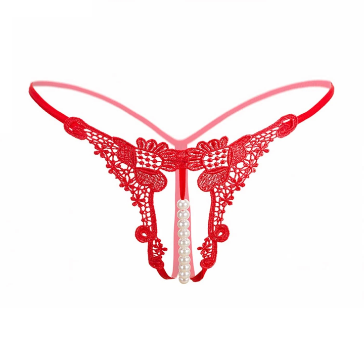 1pc Women's Sexy & Fashionable Embroidery Lace Panties, Transparent Temptation, Hollow Out Pearl Massage Open Crotch Thong, Low-rise T Pants