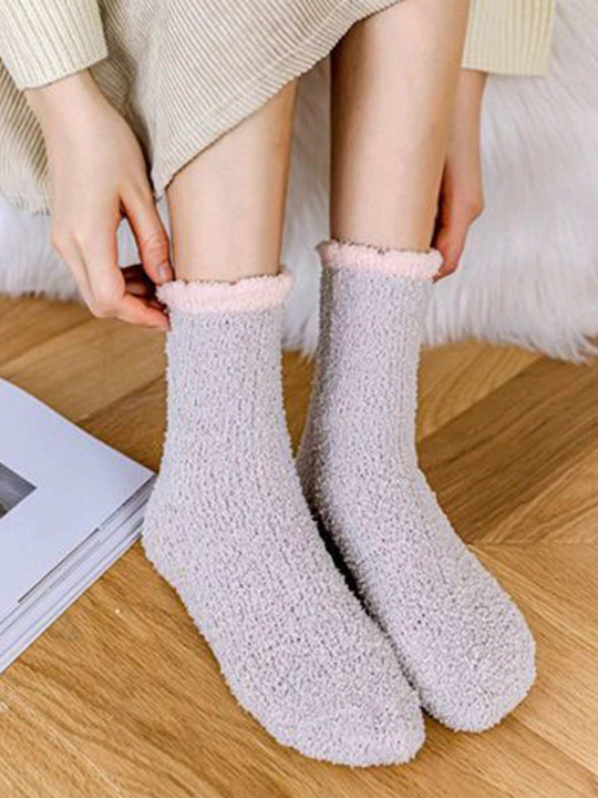 8 Pairs Women's Cute, Fleece-lined, Thick Coral Fleece Mid-calf Socks For Autumn And Winter