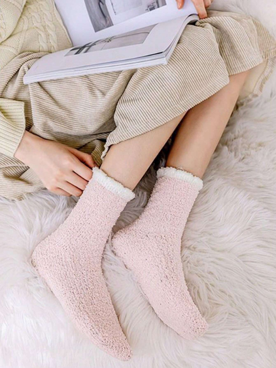 8 Pairs Women's Cute, Fleece-lined, Thick Coral Fleece Mid-calf Socks For Autumn And Winter