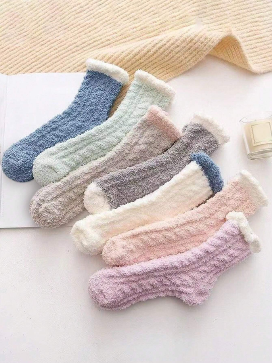 8 Pairs Women's Cute, Fleece-lined, Thick Coral Fleece Mid-calf Socks For Autumn And Winter