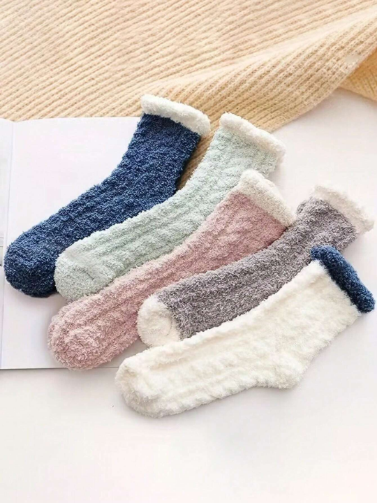 5pairs Women's Cute Thickened Coral Fleece Mid-calf Socks For Autumn And Winter