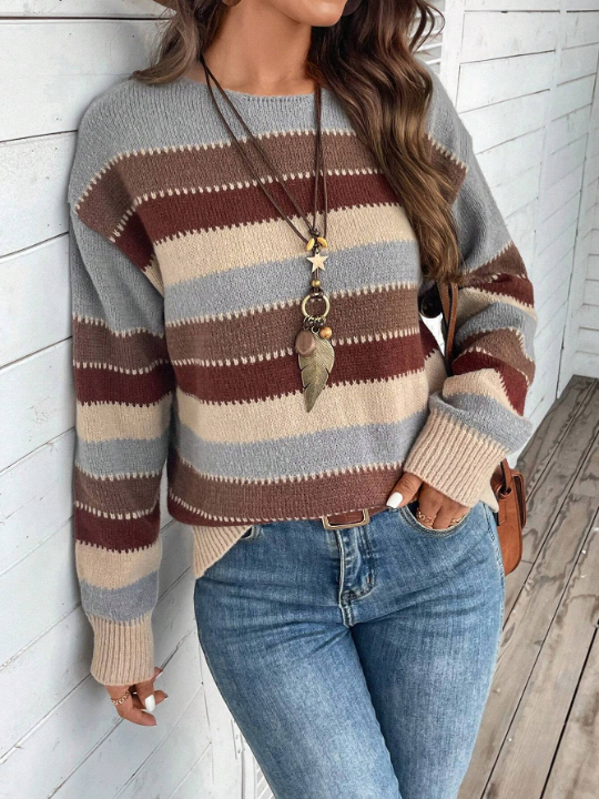 EMERY ROSE Striped Pattern Drop Shoulder Sweater