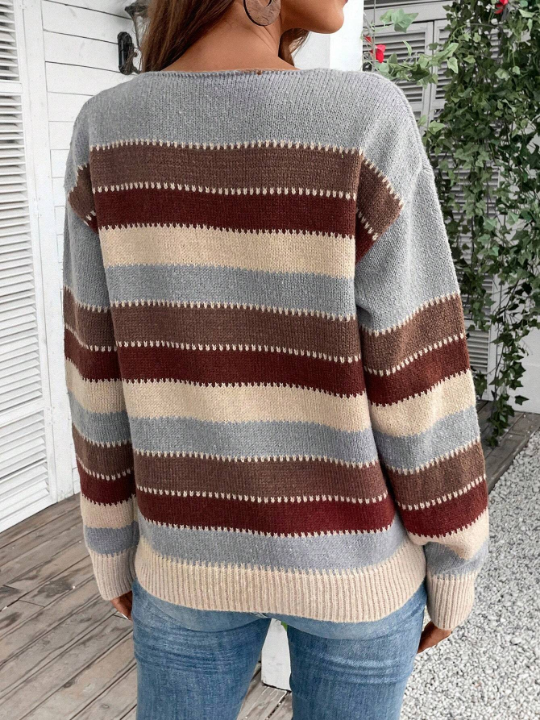 EMERY ROSE Striped Pattern Drop Shoulder Sweater