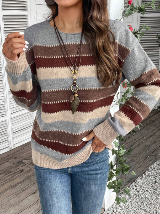 EMERY ROSE Striped Pattern Drop Shoulder Sweater