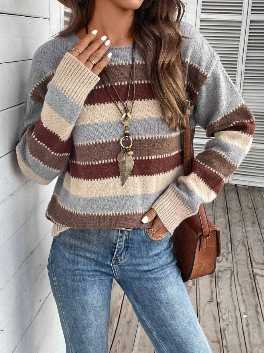 EMERY ROSE Striped Pattern Drop Shoulder Sweater