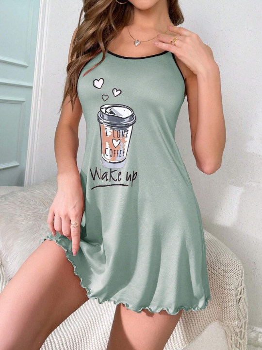 Letter & Cartoon Graphic Lettuce Trim Cami Nightdress