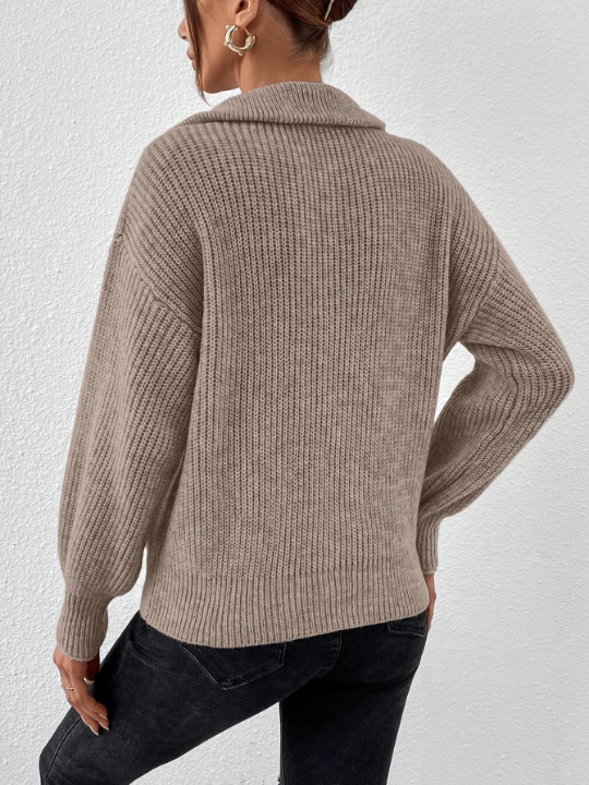 Frenchy Ribbed Knit Half Zip Drop Jacquard Grain Shoulder Sweater