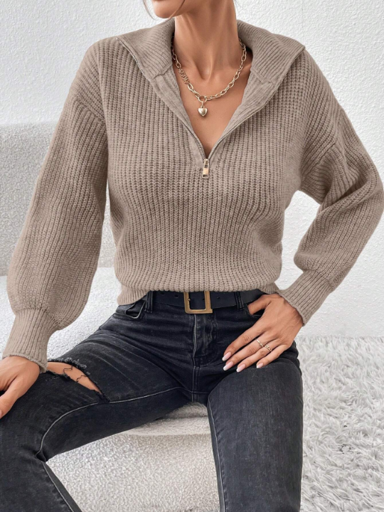 Frenchy Ribbed Knit Half Zip Drop Jacquard Grain Shoulder Sweater