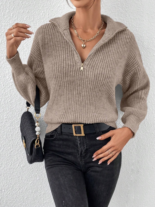 Frenchy Ribbed Knit Half Zip Drop Jacquard Grain Shoulder Sweater