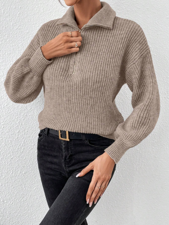 Frenchy Ribbed Knit Half Zip Drop Jacquard Grain Shoulder Sweater