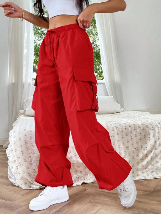 EZwear Flap Pocket Side Drawstring Waist Red Pants