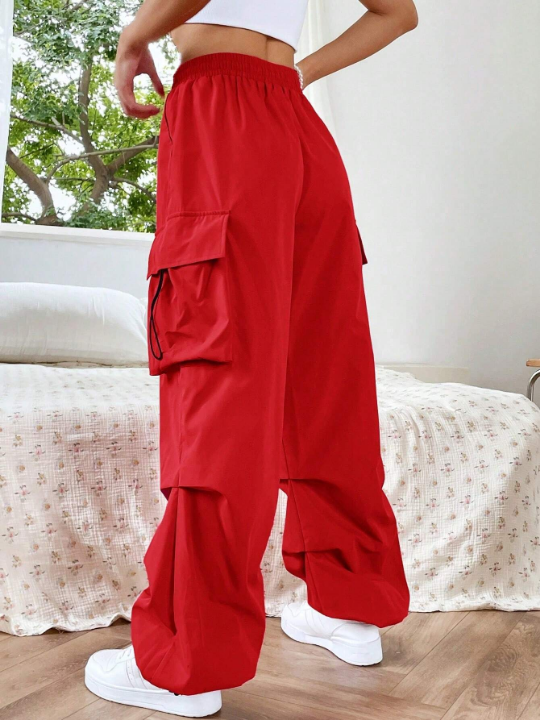 EZwear Flap Pocket Side Drawstring Waist Red Pants