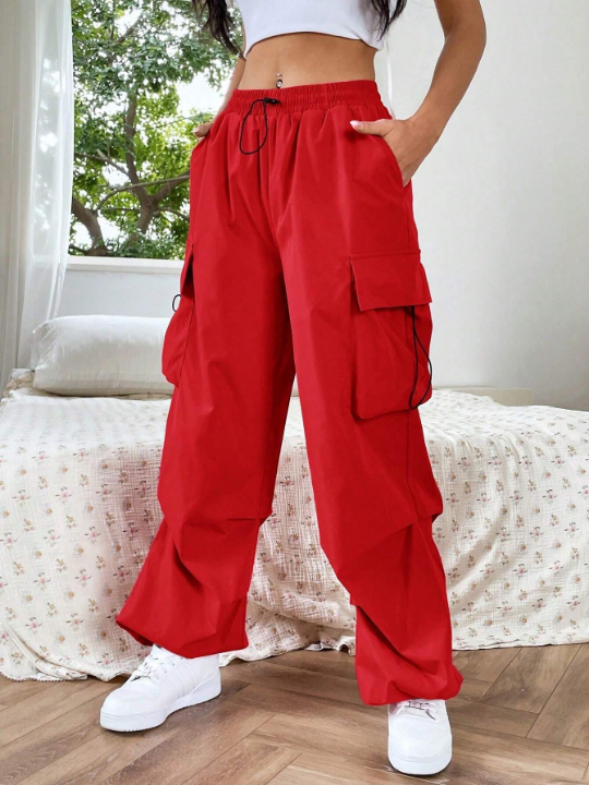 EZwear Flap Pocket Side Drawstring Waist Red Pants