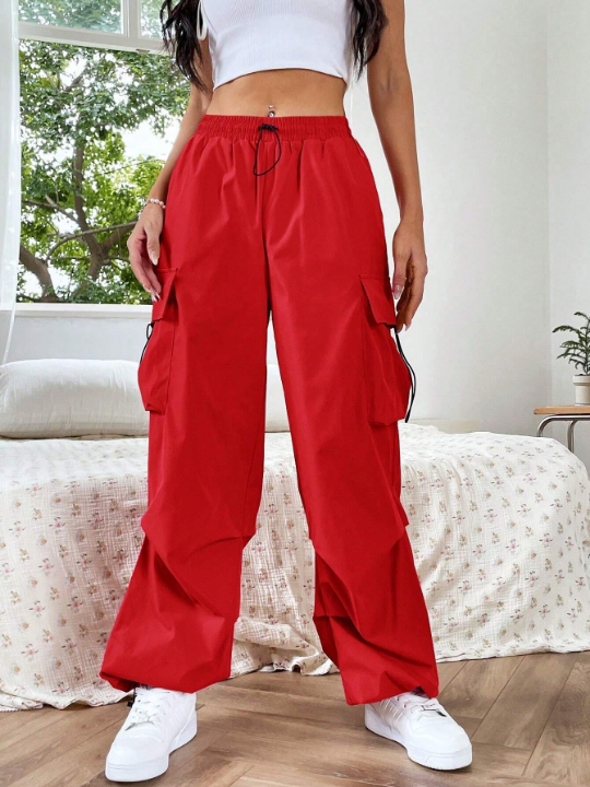 EZwear Flap Pocket Side Drawstring Waist Red Pants