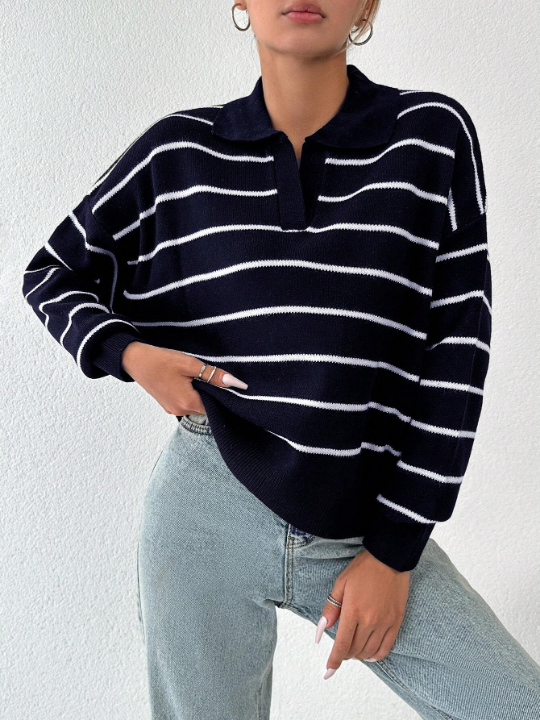 Striped Pattern Drop Shoulder Sweater