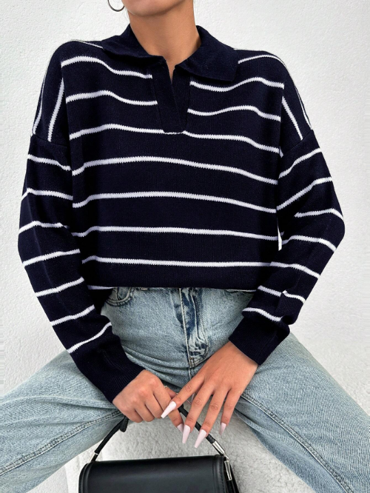 Striped Pattern Drop Shoulder Sweater