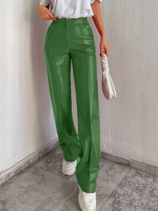 Frenchy Seam Front Straight Leg PU Leather Pants