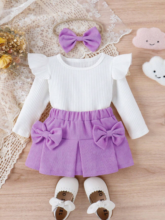 Baby Girl Ruffle Trim Tee & Bow Front Skirt & Headband