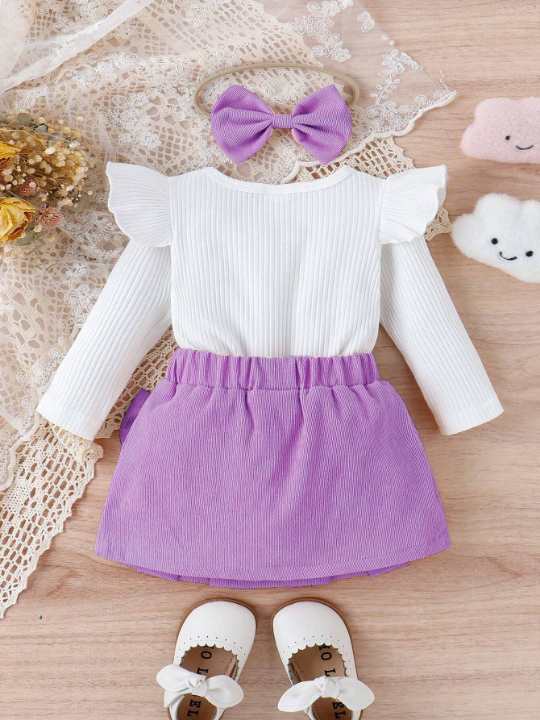 Baby Girl Ruffle Trim Tee & Bow Front Skirt & Headband