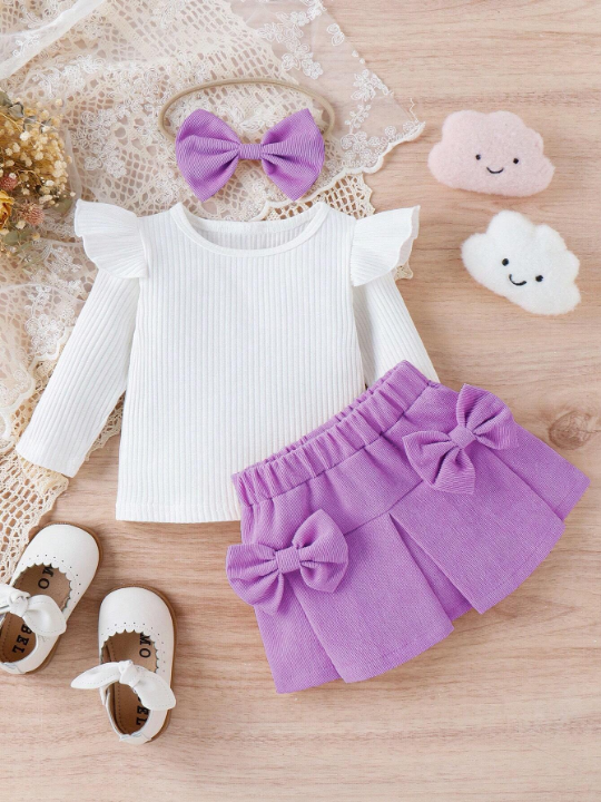 Baby Girl Ruffle Trim Tee & Bow Front Skirt & Headband