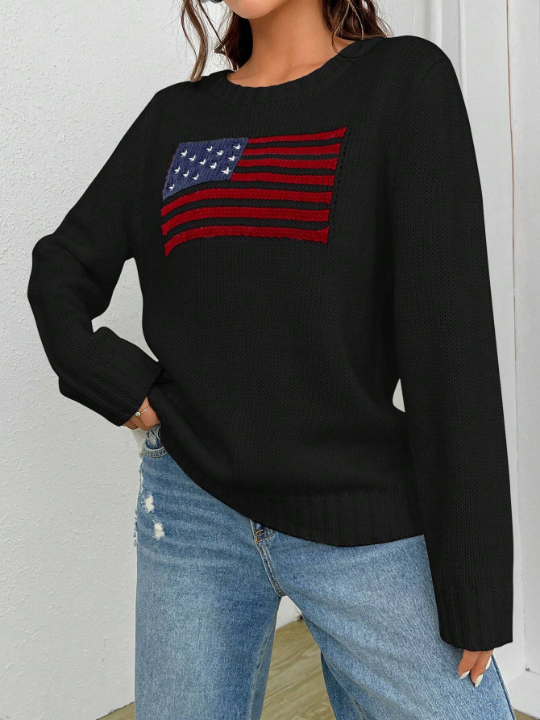 EZwear American Flag Pattern Drop Shoulder Sweater