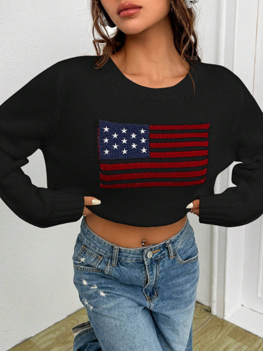 EZwear American Flag Pattern Drop Shoulder Sweater