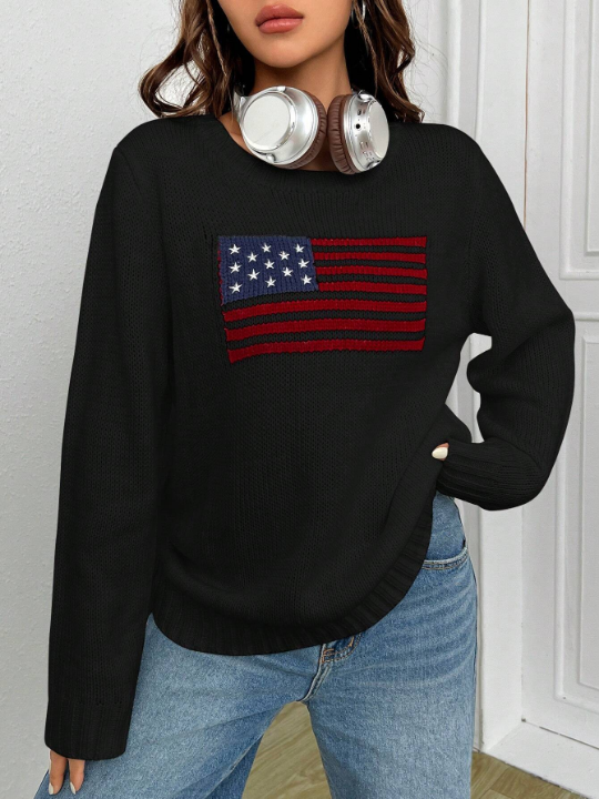 EZwear American Flag Pattern Drop Shoulder Sweater