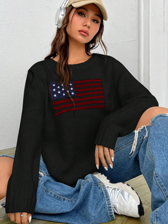 EZwear American Flag Pattern Drop Shoulder Sweater