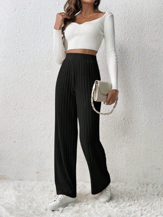 Frenchy Elastic Waist Ribbed Knit Baggy Grain Fabric Pants