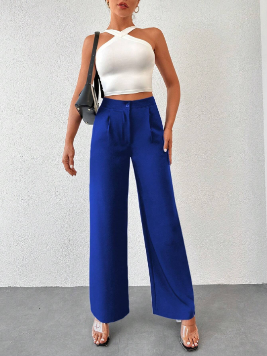 Solid Color Pleated Loose-fit Pants