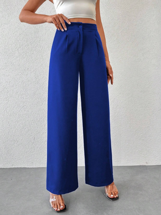 Solid Color Pleated Loose-fit Pants