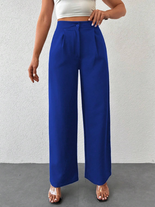 Solid Color Pleated Loose-fit Pants