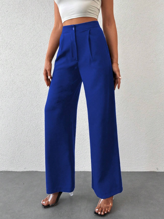 Solid Color Pleated Loose-fit Pants