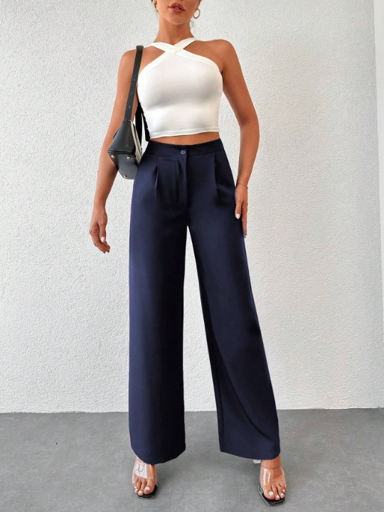 Solid Color Pleated Straight Leg Pants