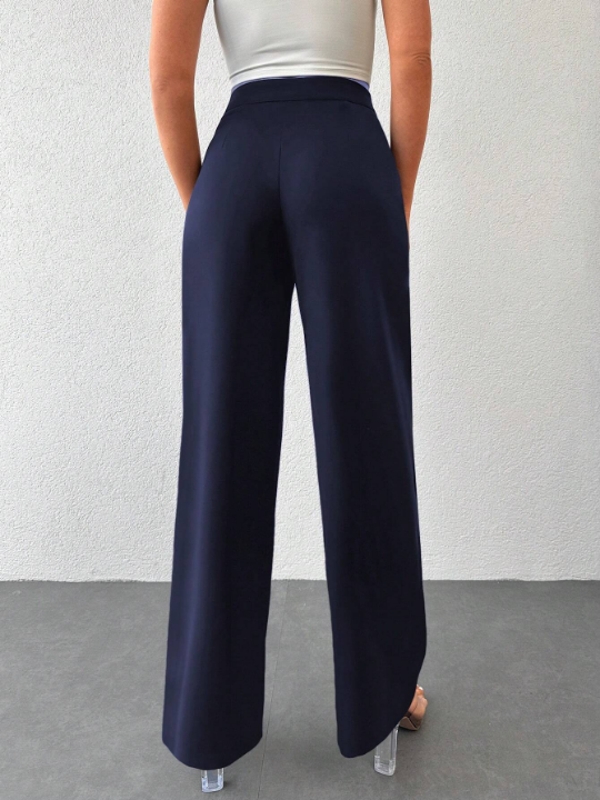 Solid Color Pleated Straight Leg Pants