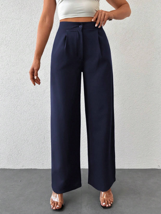 Solid Color Pleated Straight Leg Pants