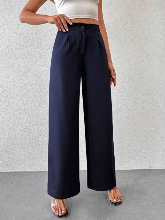 Solid Color Pleated Straight Leg Pants