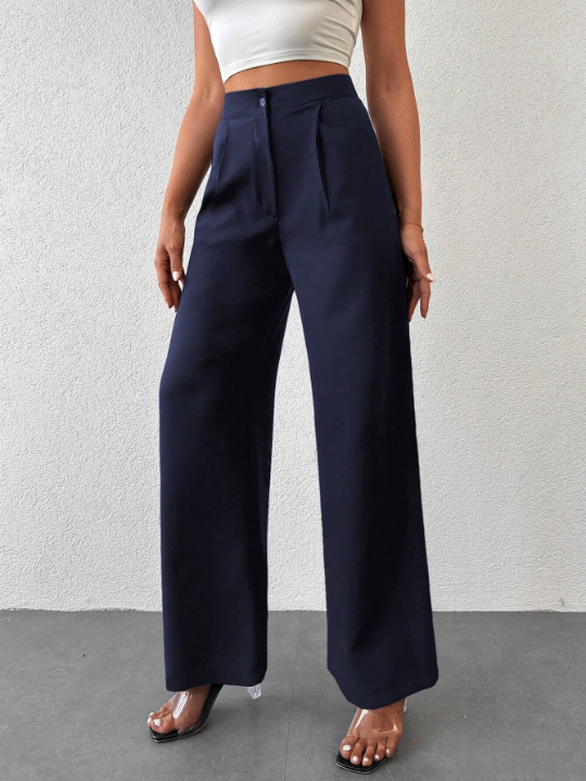 Solid Color Pleated Straight Leg Pants