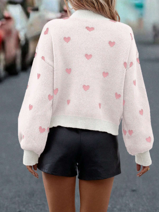 Frenchy Heart Pattern Mock Neck Drop Shoulder Sweater