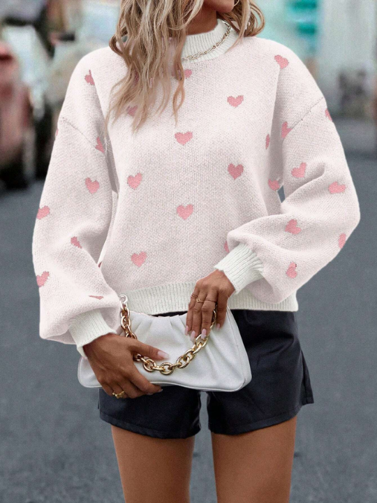 Frenchy Heart Pattern Mock Neck Drop Shoulder Sweater