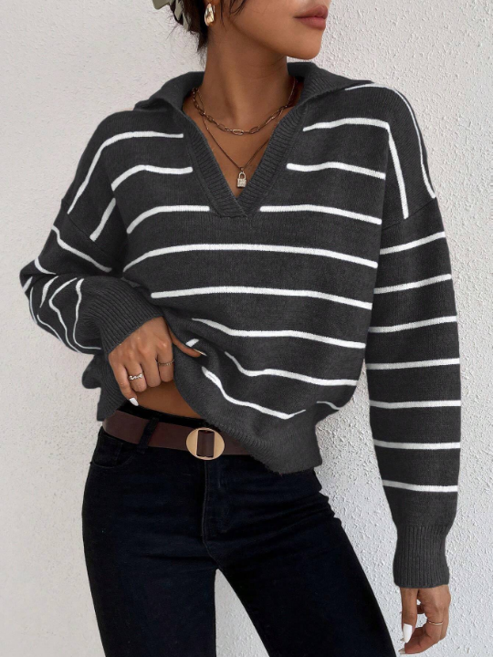 Frenchy Striped Pattern Drop Shoulder Sweater