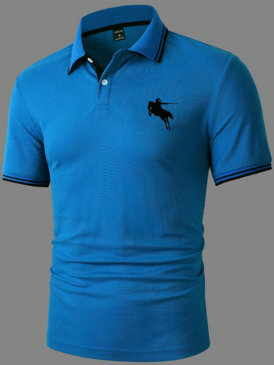 Manfinity Men Horse Print Striped Trim Polo Shirt