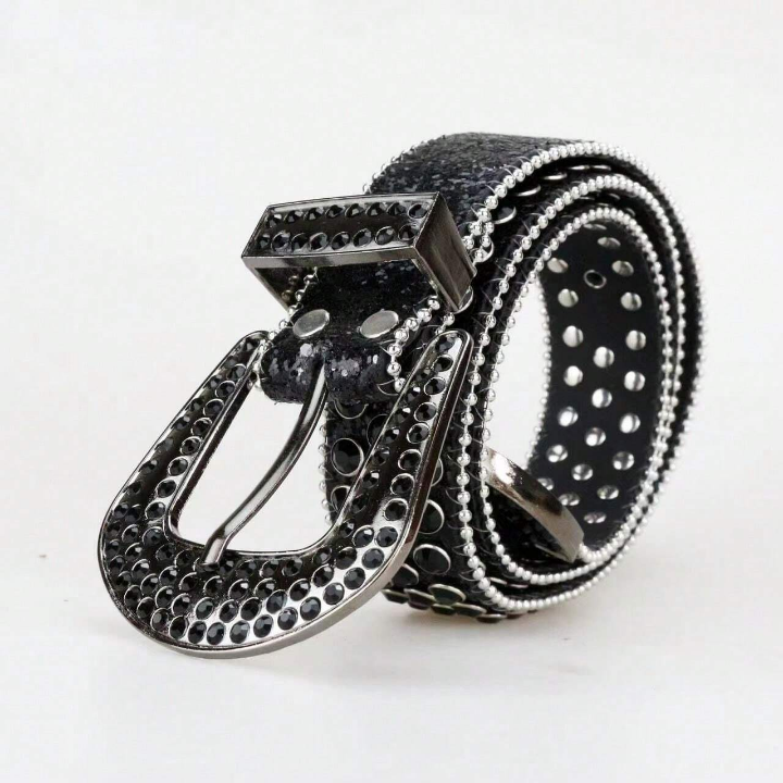 1pc Black Punk Rock Y2k Style Studded Rhinestone Denim Belt For Women Street