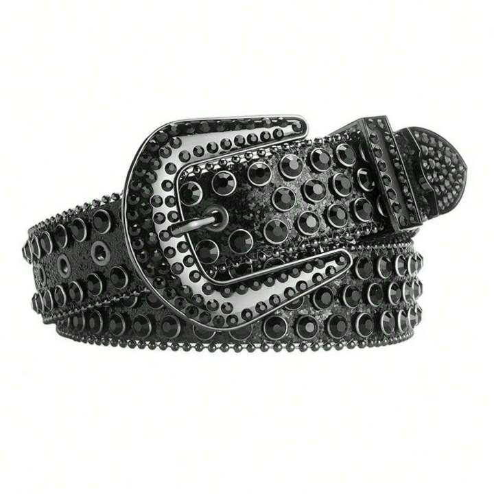 1pc Black Punk Rock Y2k Style Studded Rhinestone Denim Belt For Women Street