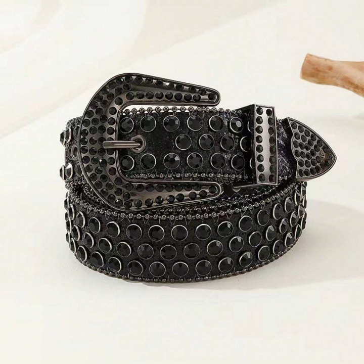 1pc Black Punk Rock Y2k Style Studded Rhinestone Denim Belt For Women Street