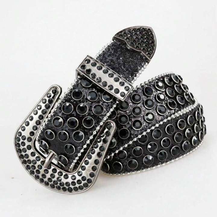 1pc Black Punk Rock Y2k Style Studded Rhinestone Denim Belt For Women Street