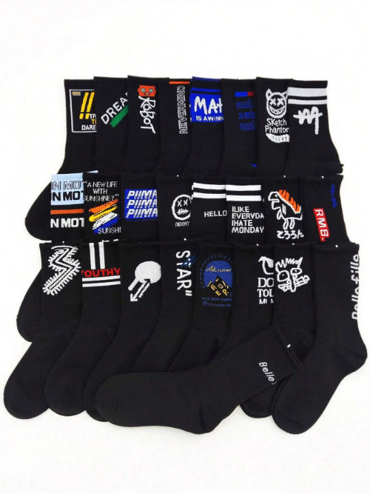 5pairs/set Random Men's Black Letter, Stripe, Dinosaur & Robot Patterned Mid-calf Socks For Skateboarding, Autumn & Winter