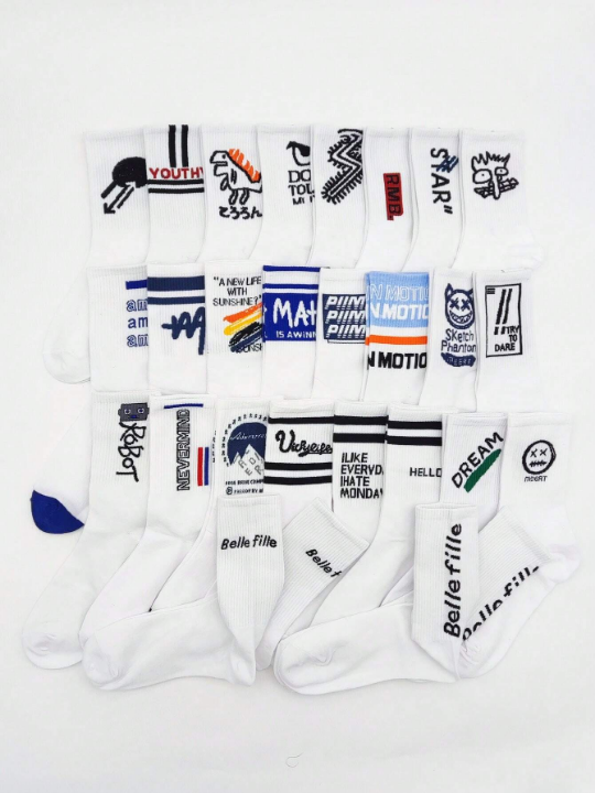 5pairs/set Men's Random White Letter Striped Dino & Robot Print Skateboard Sport Mid-calf Socks