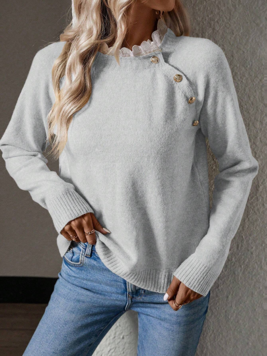 Priv Contrast Lace Trim Button Detail Raglan Sleeve Sweater